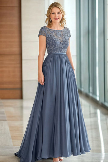 Élégant gris bleu Une ligne Cap Manches Mère De La Mariée Robe Avec Appliques De Dentelle